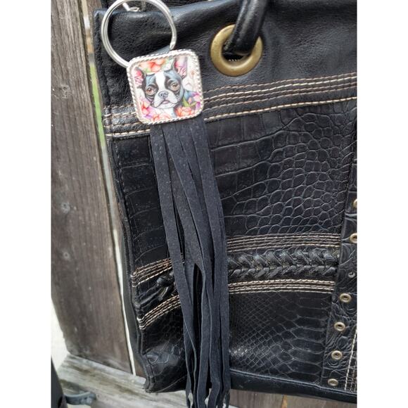 Handmade boho Boston terrier Gift Leather Fringe Western bag charm keychain - Picture 3 of 3